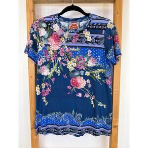 Johnny Was Blue Floral Round Neck Short Sleeve Viscose Blend Top Small